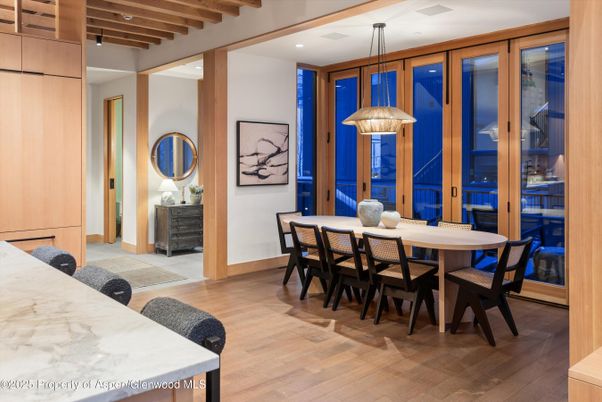 Dining room, Interior, Pendant Lights, Recessed Lighting, Wooden Beams, Wood Texture Flooring