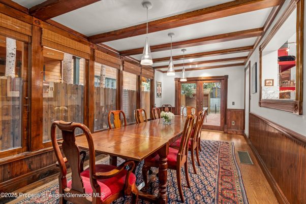 Dining room, Interior, Pendant Lights, Wooden Beams, Wood Texture Flooring