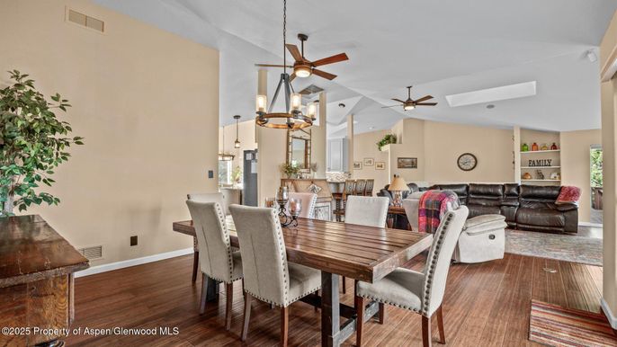 Dining room, Interior, Living room, Recessed Lighting, Wood Texture Flooring