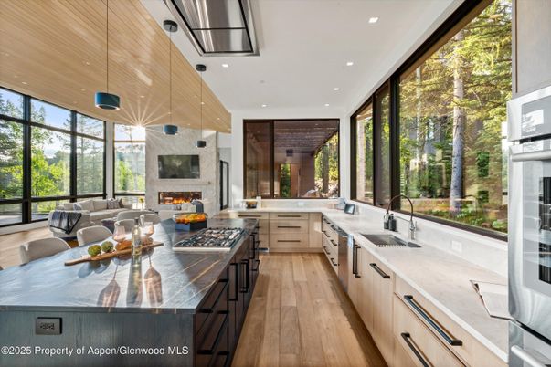Fireplace, Interior, Kitchen, Living room, Pendant Lights, Recessed Lighting, Stainless Steel Appliances, Wooden Ceilings, Wood Texture Flooring