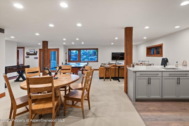Billiard Table, Dining room, Game Room, Interior, Living room, Recessed Lighting, Wood Texture Flooring