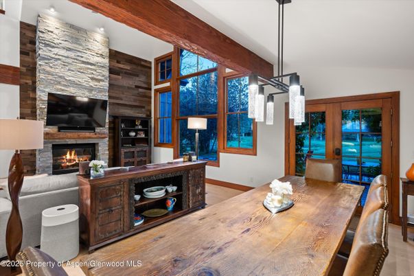 Dining room, Fireplace, Interior, Pendant Lights, Recessed Lighting, Wood Texture Flooring, Wooden Walls