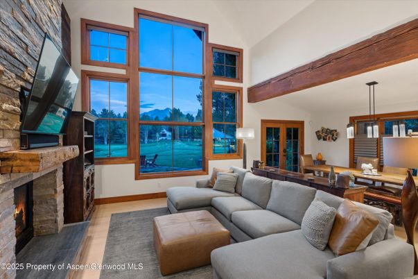 Dining room, Fireplace, Interior, Living room, Pendant Lights, Wooden Beams, Wood Texture Flooring