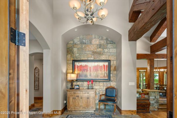 Chandelier, Fireplace, Interior, Stone Walls, Wooden Beams, Wood Texture Flooring
