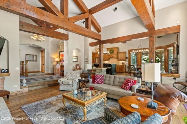 Chandelier, Dining room, Interior, Living room, Pendant Lights, Wooden Beams, Wood Texture Flooring