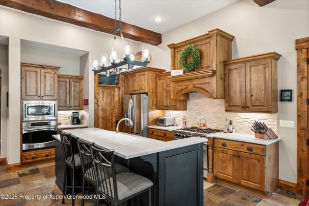 Interior, Kitchen, Pendant Lights, Recessed Lighting, Stainless Steel Appliances, Wooden Beams