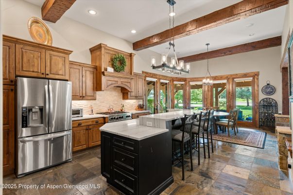 Dining room, Interior, Kitchen, Pendant Lights, Recessed Lighting, Stainless Steel Appliances, Wooden Beams