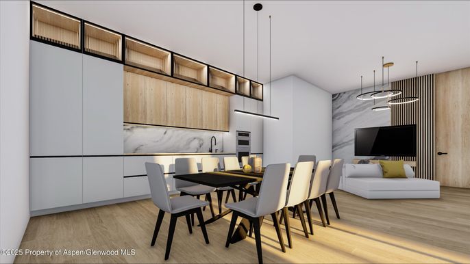 Dining room, Interior, Kitchen, Marble Walls, Pendant Lights, Wood Texture Flooring