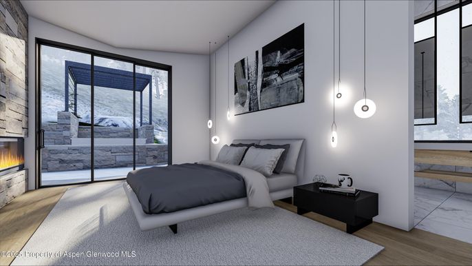 Bedroom, Fireplace, Interior, Pendant Lights, Wood Texture Flooring