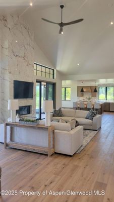 Interior, Kitchen, Living room, Marble Walls, Recessed Lighting, Wood Texture Flooring