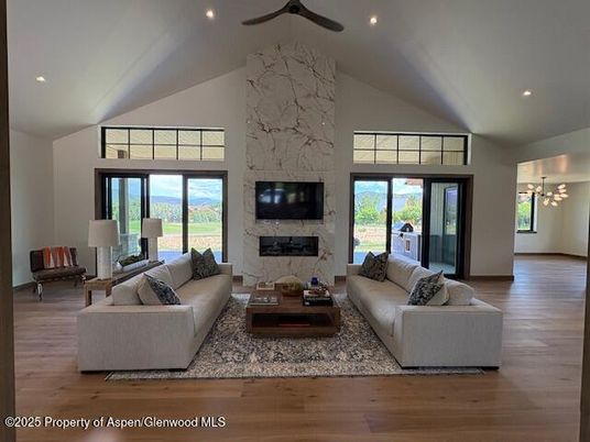 Fireplace, Interior, Living room, Recessed Lighting, Wood Texture Flooring