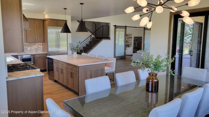 Dining room, Interior, Kitchen, Pendant Lights, Recessed Lighting, Wood Texture Flooring
