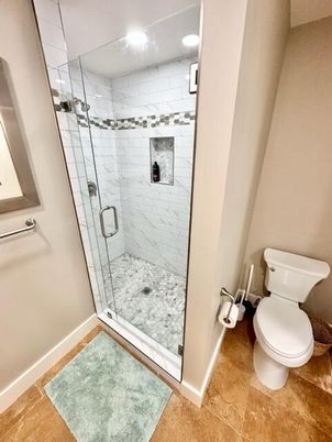 Bathroom, Glass Shower, Interior, Marble Walls, Recessed Lighting