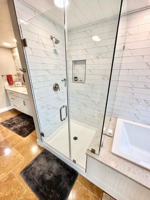 Bathroom, Glass Shower, Interior, Marble Walls, Recessed Lighting