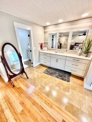 Bathroom, Dual Sink Vanities, Interior, Recessed Lighting, Wood Texture Flooring