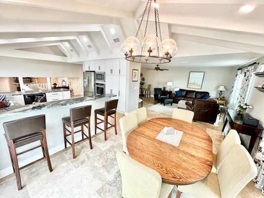 Chandelier, Dining room, Interior, Kitchen, Living room, Pendant Lights, Recessed Lighting, Stainless Steel Appliances
