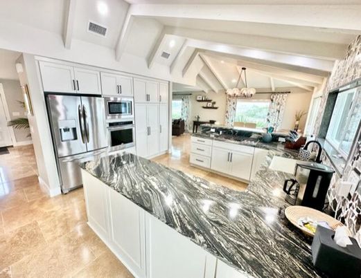 Chandelier, Interior, Kitchen, Recessed Lighting, Stainless Steel Appliances, Wooden Beams