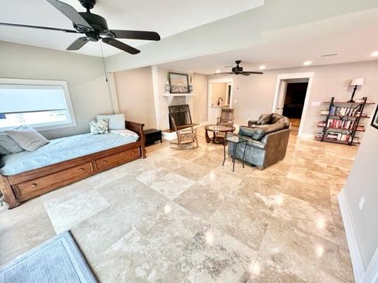 Bedroom, Fireplace, Interior, Living room, Recessed Lighting