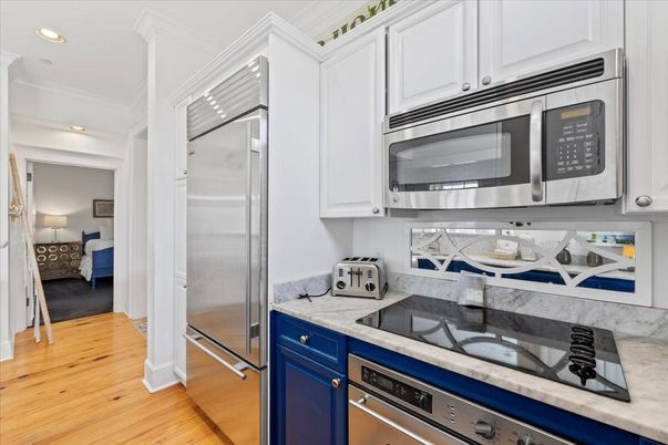 Bedroom, Interior, Kitchen, Recessed Lighting, Stainless Steel Appliances, Wood Texture Flooring