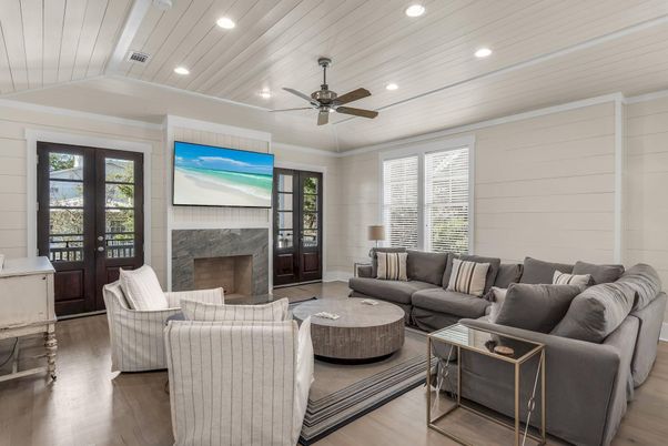 Fireplace, Interior, Living room, Recessed Lighting, Wood Texture Flooring