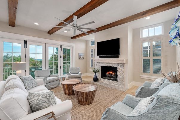 Fireplace, Interior, Living room, Recessed Lighting, Wooden Beams, Wood Texture Flooring