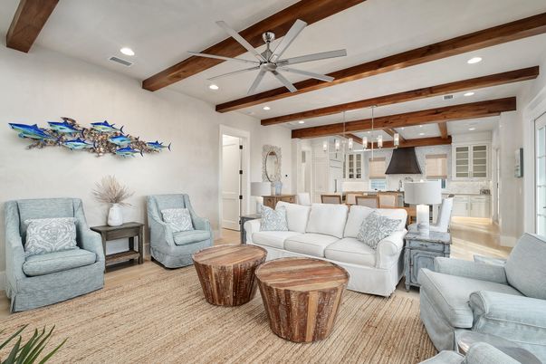 Interior, Kitchen, Living room, Pendant Lights, Recessed Lighting, Wooden Beams, Wood Texture Flooring