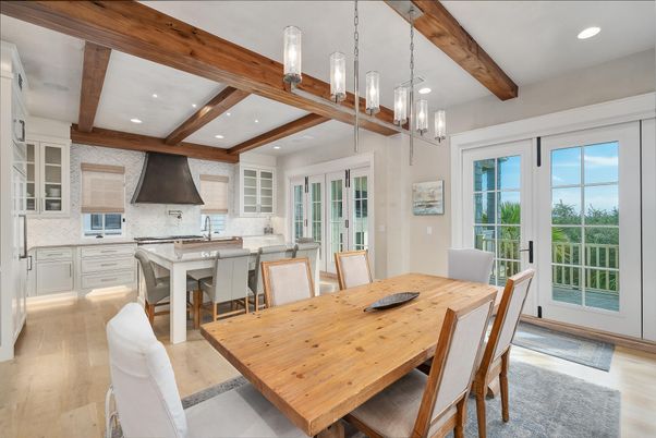 Dining room, Interior, Kitchen, Pendant Lights, Recessed Lighting, Wooden Beams, Wood Texture Flooring