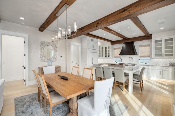 Dining room, Interior, Kitchen, Pendant Lights, Recessed Lighting, Wooden Beams, Wood Texture Flooring