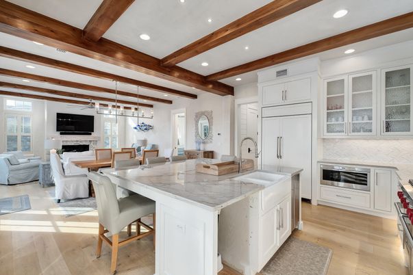 Dining room, Fireplace, Interior, Kitchen, Living room, Pendant Lights, Recessed Lighting, Stainless Steel Appliances, Wooden Beams, Wood Texture Flooring