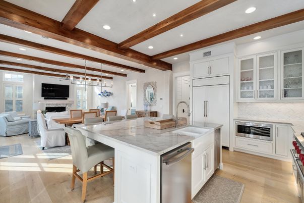Dining room, Fireplace, Interior, Kitchen, Living room, Pendant Lights, Recessed Lighting, Stainless Steel Appliances, Wooden Beams, Wood Texture Flooring