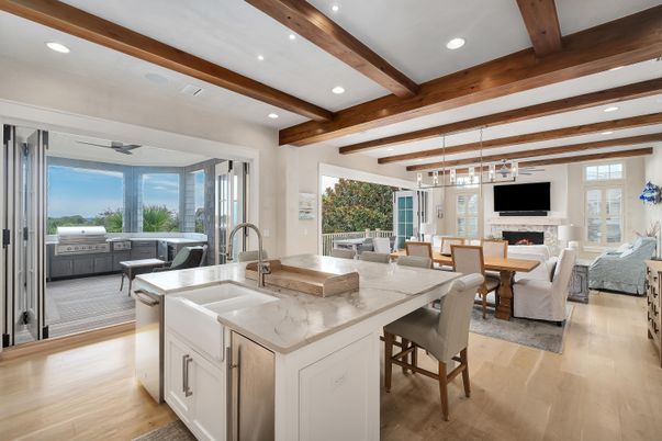 Dining room, Fireplace, Interior, Kitchen, Living room, Pendant Lights, Recessed Lighting, Stainless Steel Appliances, Wooden Beams, Wood Texture Flooring
