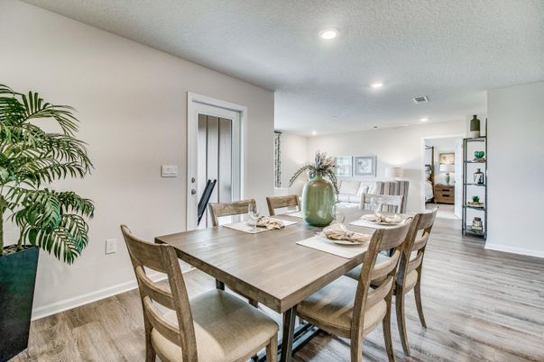Dining room, Interior, Recessed Lighting, Wood Texture Flooring
