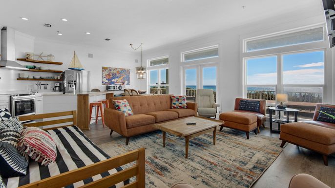 Dining room, Interior, Kitchen, Living room, Pendant Lights, Recessed Lighting, Water, Wood Texture Flooring
