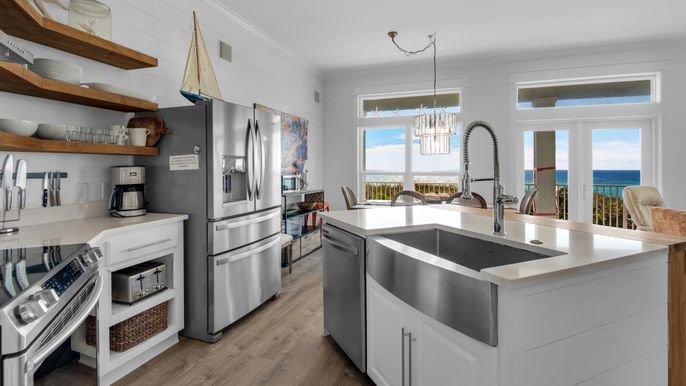 Interior, Kitchen, Pendant Lights, Stainless Steel Appliances, Water, Wood Texture Flooring