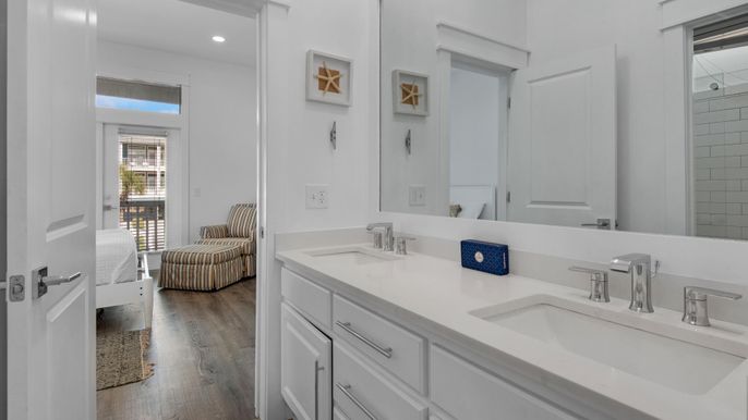 Bathroom, Dual Sink Vanities, Interior, Recessed Lighting, Wood Texture Flooring