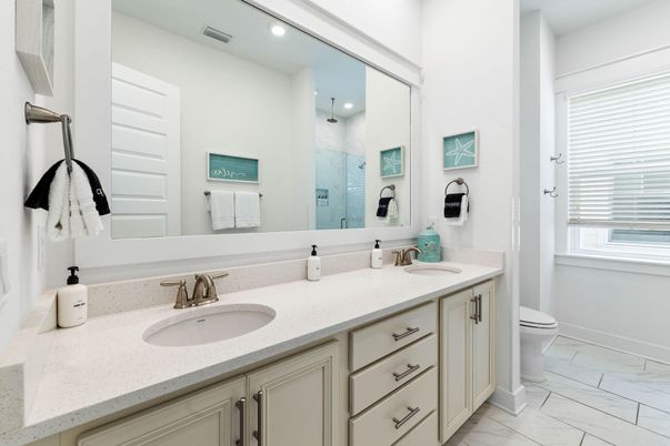Bathroom, Dual Sink Vanities, Interior, Marble, Recessed Lighting
