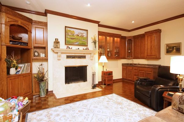 Fireplace, Interior, Living room, Recessed Lighting, Wood Texture Flooring