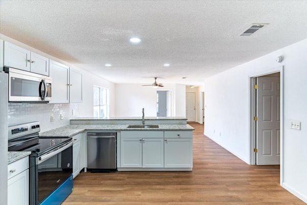 Interior, Kitchen, Recessed Lighting, Wood Texture Flooring