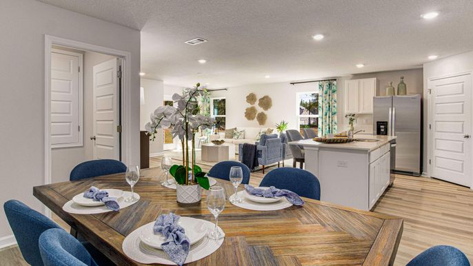 Dining room, Interior, Kitchen, Living room, Recessed Lighting, Stainless Steel Appliances, Wood Texture Flooring