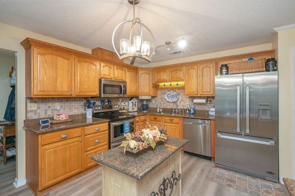 Interior, Kitchen, Pendant Lights, Stainless Steel Appliances, Wood Texture Flooring