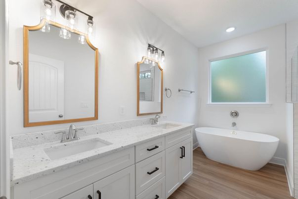Bathroom, Dual Sink Vanities, Free Standing Baths, Interior, Recessed Lighting, Wood Texture Flooring