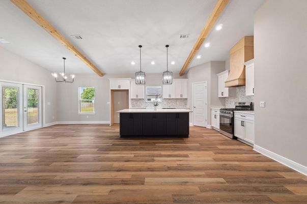Chandelier, Interior, Kitchen, Pendant Lights, Recessed Lighting, Stainless Steel Appliances, Wooden Beams, Wood Texture Flooring
