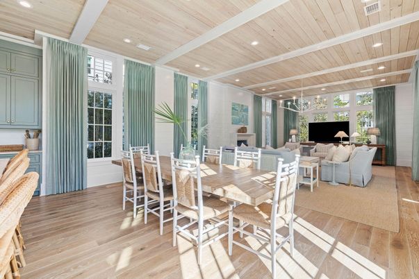 Dining room, Interior, Living room, Recessed Lighting, Wooden Ceilings, Wood Texture Flooring