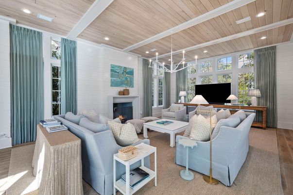 Fireplace, Interior, Living room, Pendant Lights, Recessed Lighting, Wooden Ceilings
