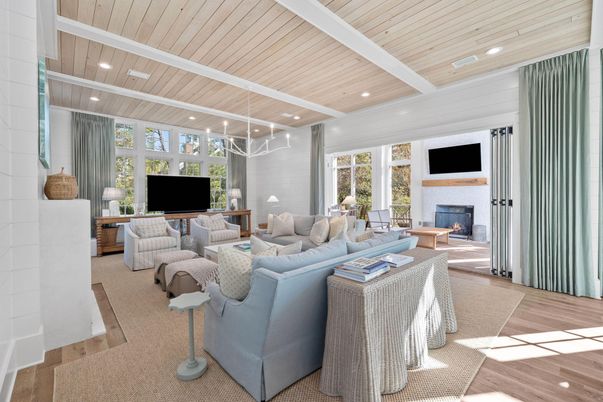 Fireplace, Interior, Living room, Recessed Lighting, Wooden Ceilings, Wood Texture Flooring