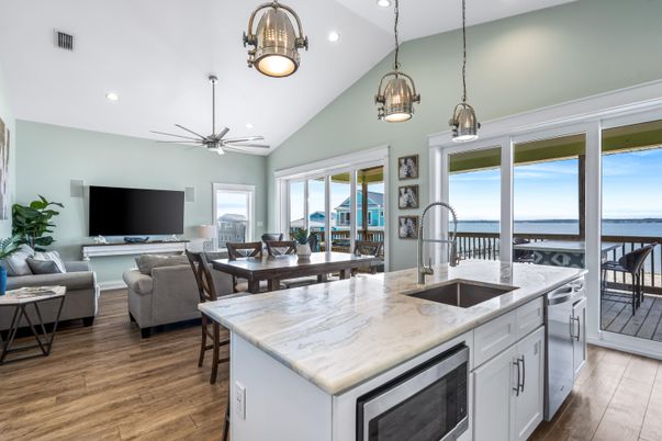 Dining room, Interior, Kitchen, Living room, Pendant Lights, Recessed Lighting, Water, Wood Texture Flooring