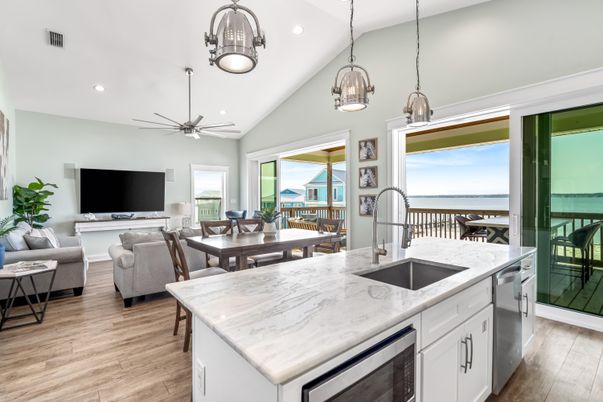 Dining room, Interior, Kitchen, Living room, Pendant Lights, Recessed Lighting, Water, Wood Texture Flooring