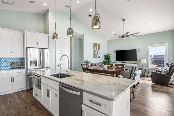 Dining room, Interior, Kitchen, Living room, Pendant Lights, Recessed Lighting, Stainless Steel Appliances, Wood Texture Flooring