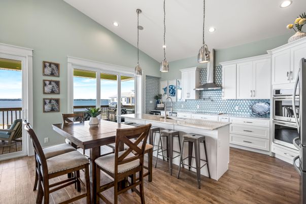Dining room, Interior, Kitchen, Pendant Lights, Recessed Lighting, Water, Wood Texture Flooring