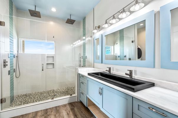Bathroom, Glass Shower, Interior, Recessed Lighting, Wood Texture Flooring